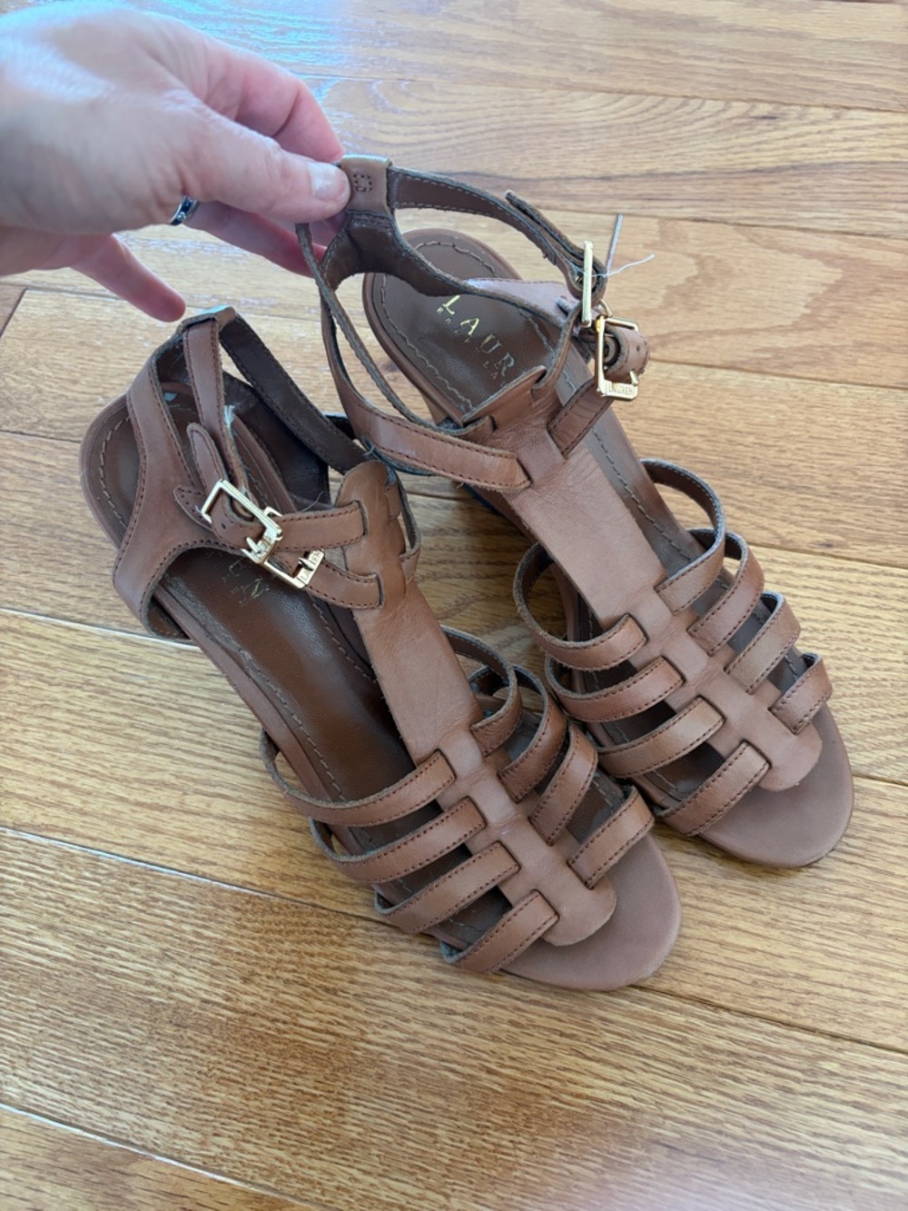 Ralph Lauren Brown Leather Strappy T‑Bar Heels